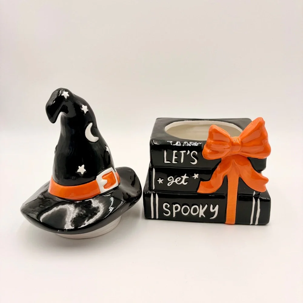 Halloween Ceramic Witch Hat Stacked Books Let's Get Spooky Candy Jar Black